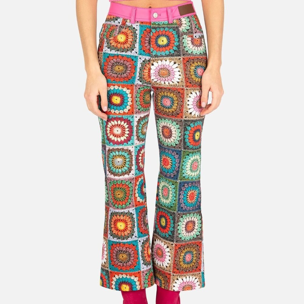 Andersson Bell Irene Cropped Crochet Granny Square Printed Pants, Size 27
